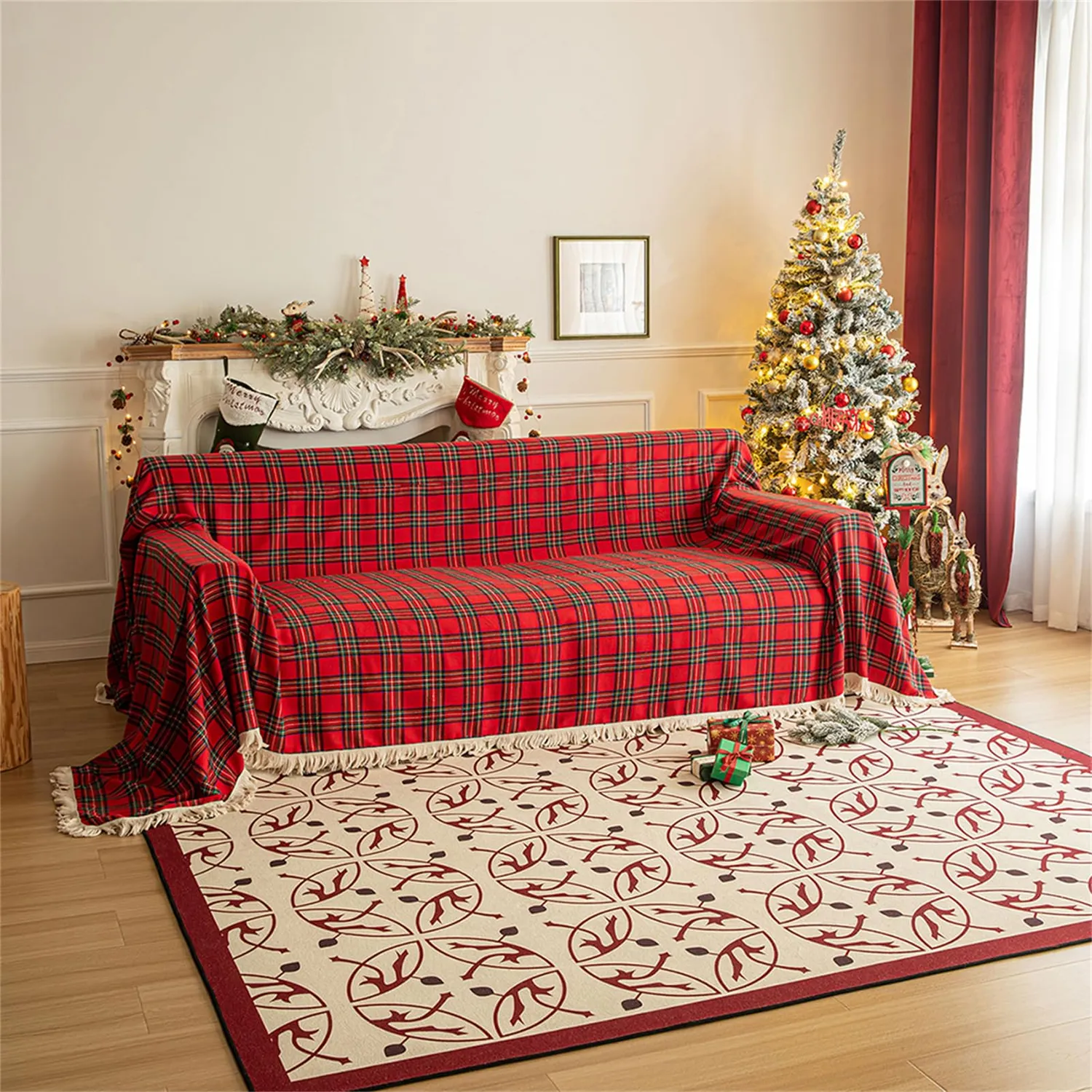 HonunGron Sofaüberwurf 180x300cm Rot Karo Baumwolle
