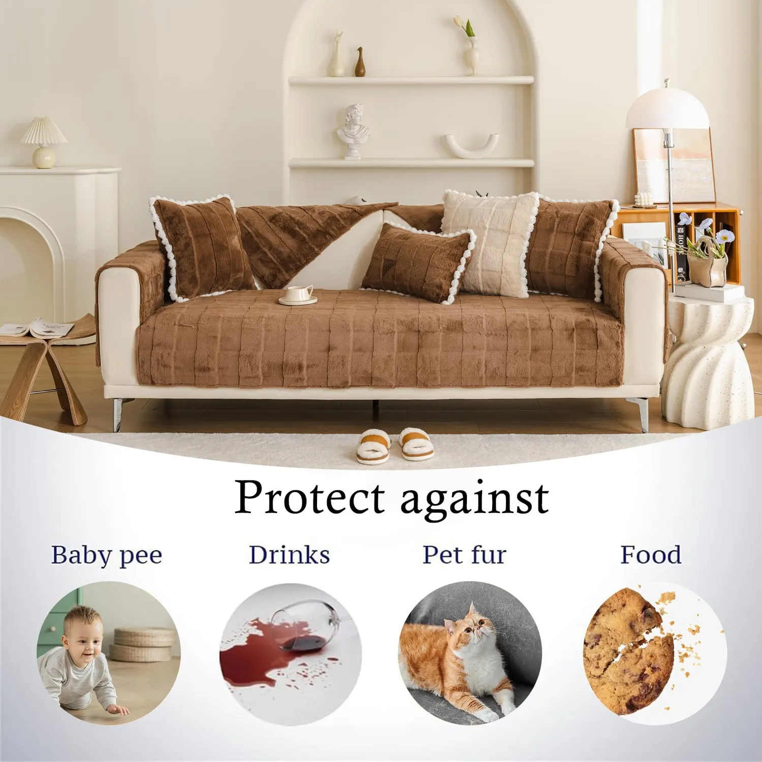 HonunGron Kaninchenplüsch Sofaüberwurf rutschfest Kaffee 90x210 cm