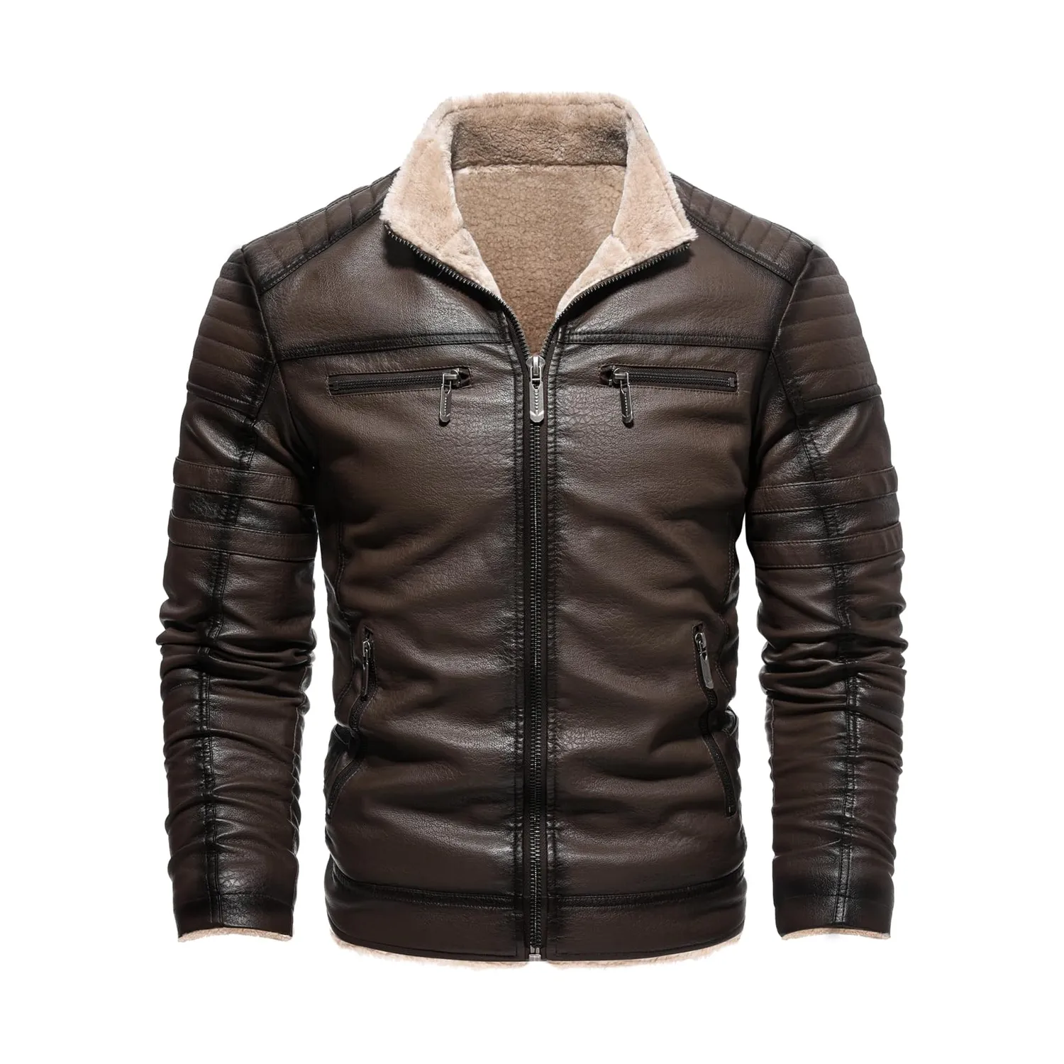 HonunGron Biker Kunstlederjacke Herren Schwarz mit Fellkragen