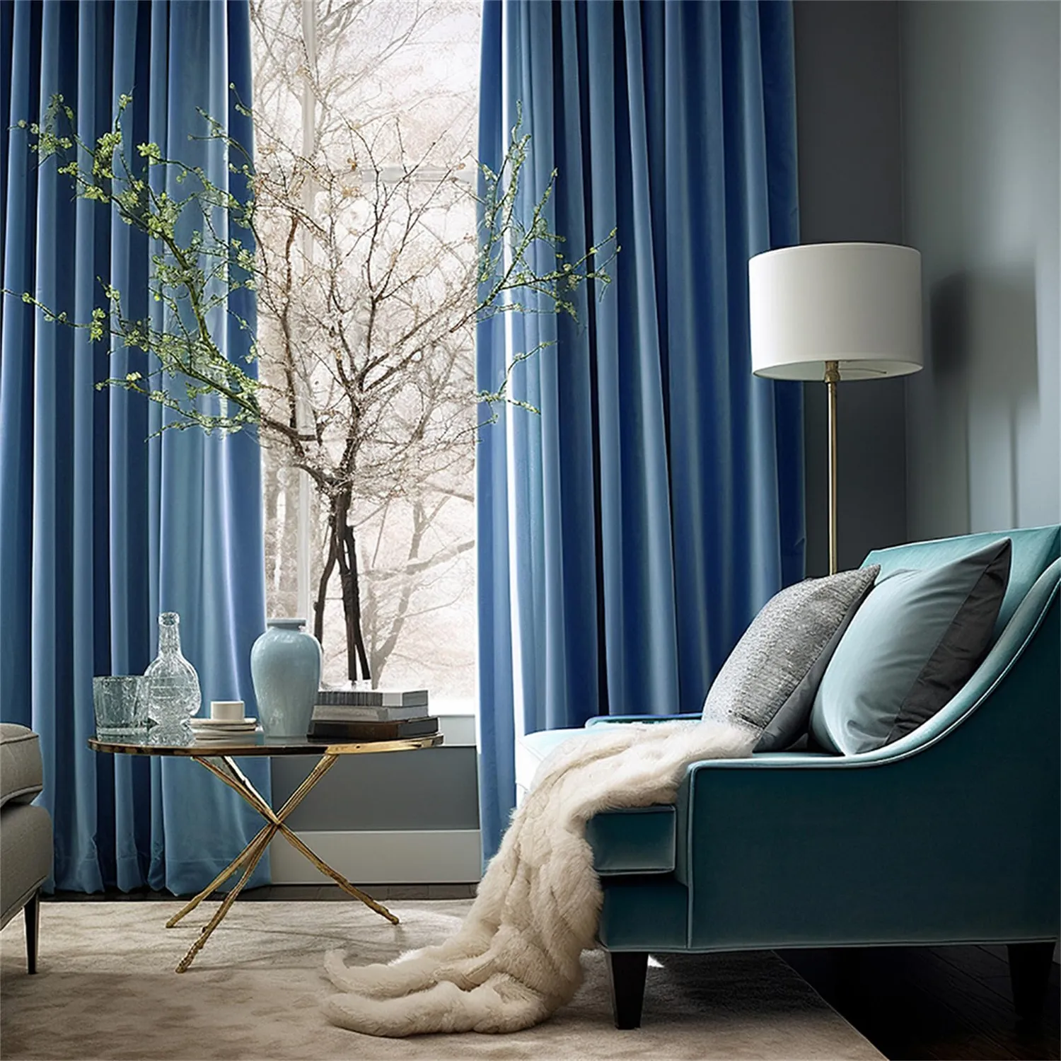 HonunGron Samtvorhang Ösen Blau 175x140 cm 2er-Set
