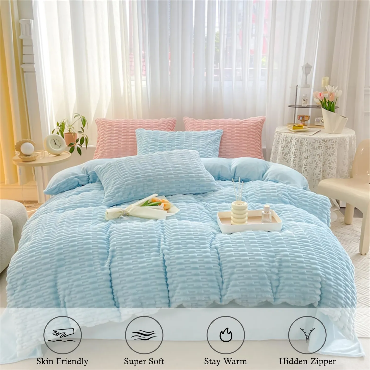 HonunGron Kunstfell Bettwäsche Set Blau Super King 4tlg