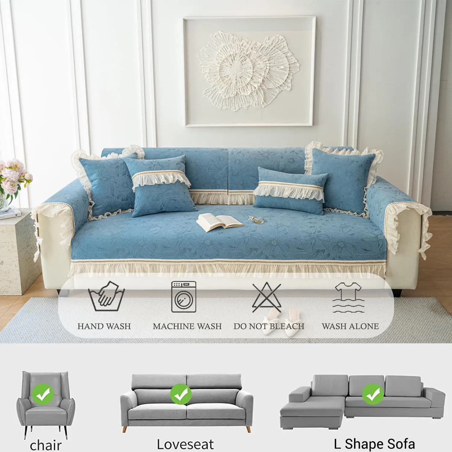 HonunGron Sofabezug 70x70cm Blau Chenille Rutschfest