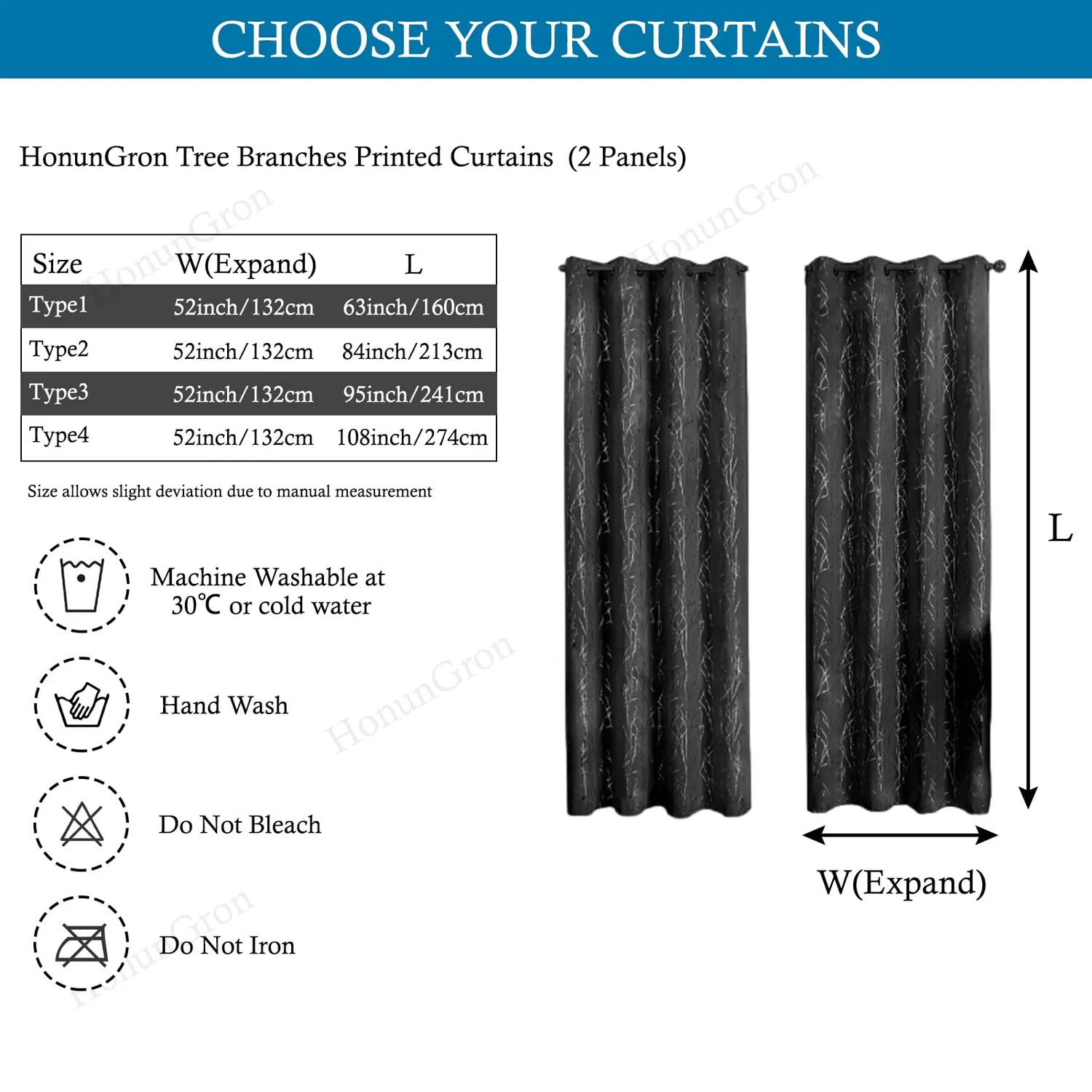 HonunGron Blackout Vorhang 274x132 Schwarz Zweige 2er-Set