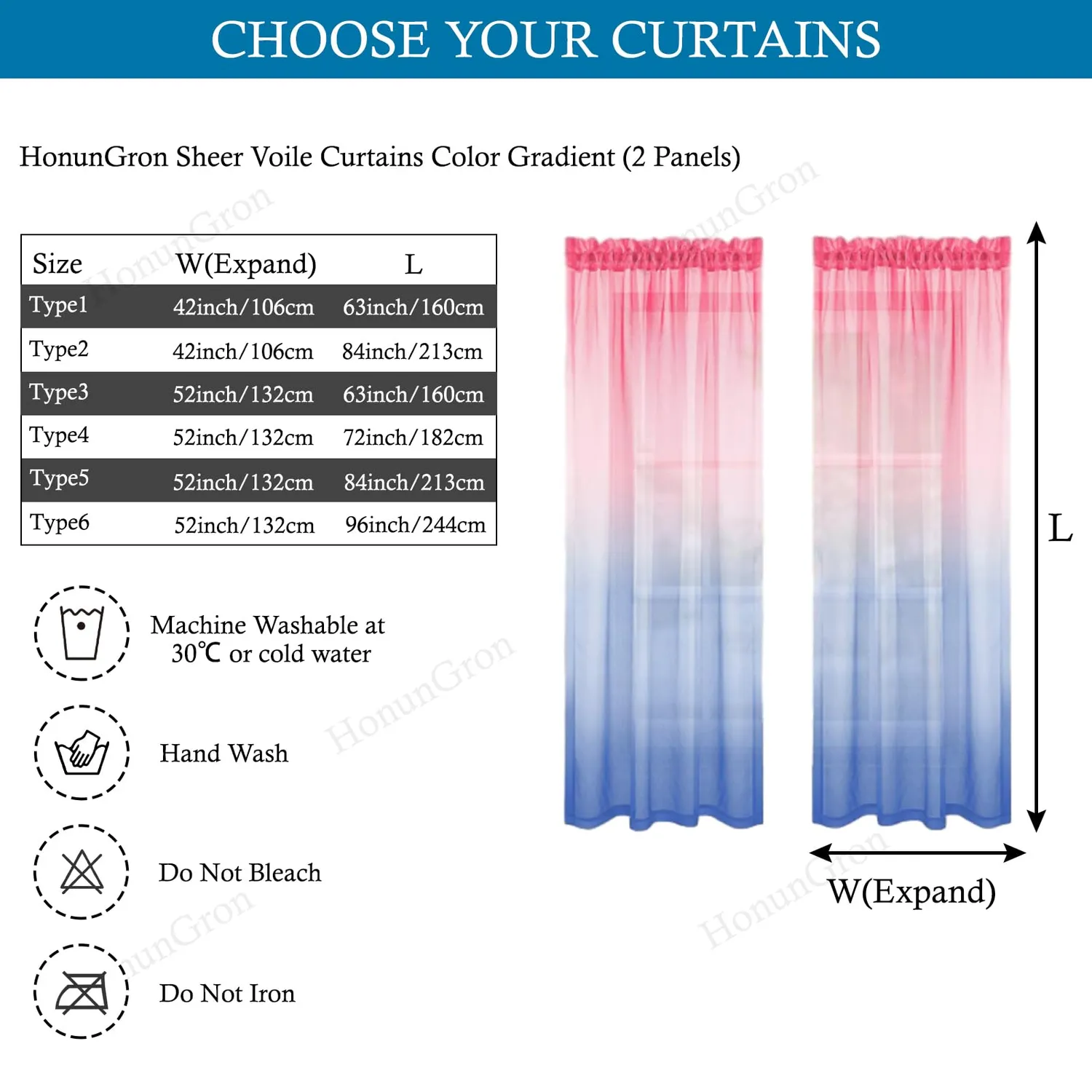 HonunGron Farbverlauf Voile-Vorhang transparent Rosa-Blau 244x132 2er-Pack