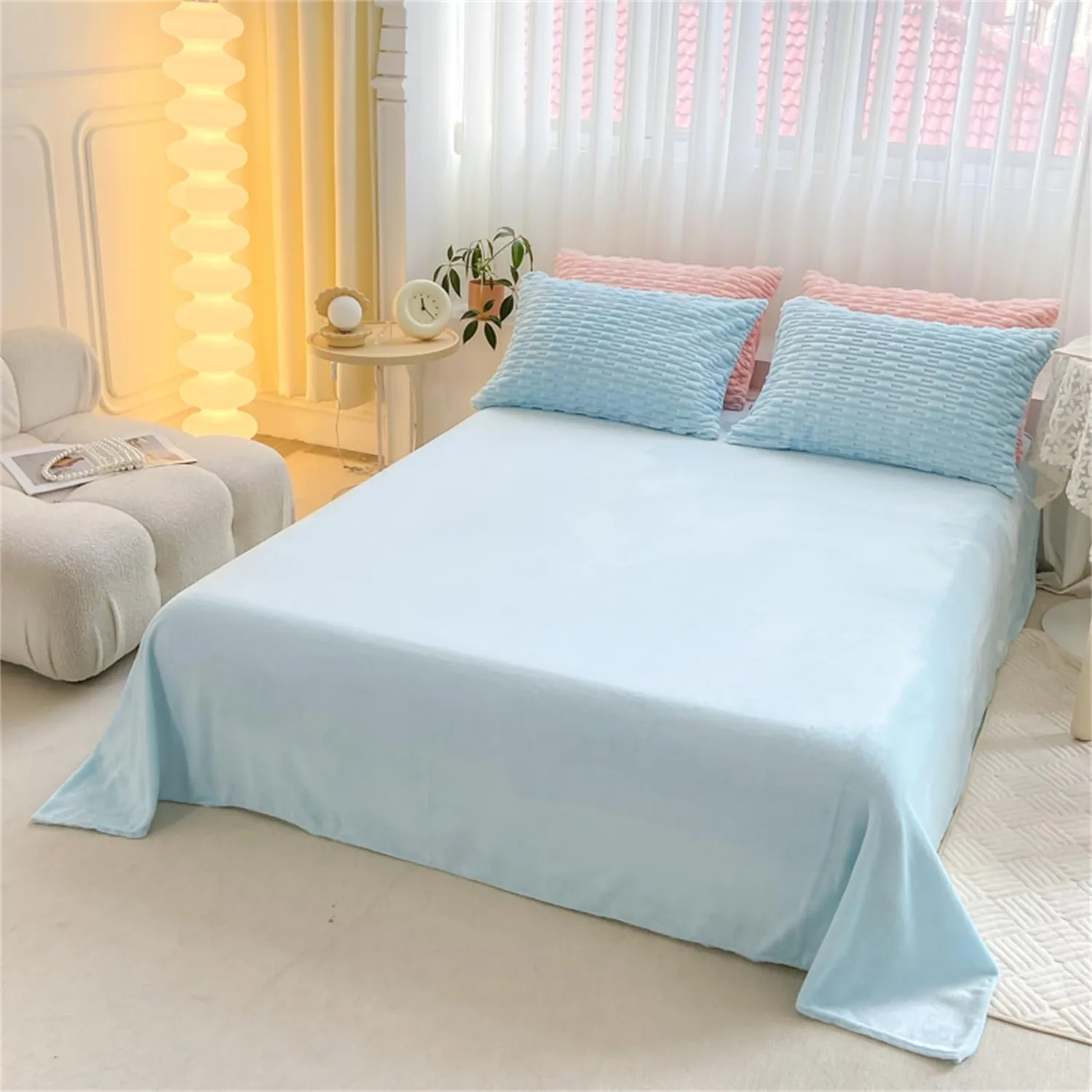 HonunGron Kunstfell Bettwäsche Set Blau Super King 4tlg