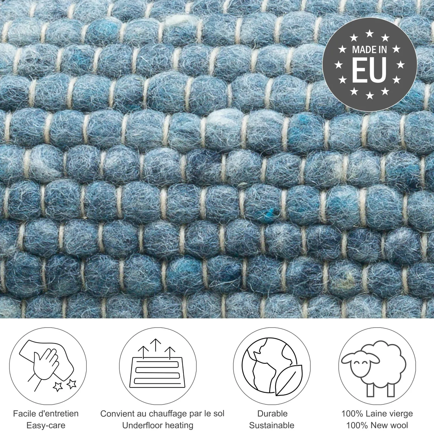 THEKO Alpen Wollteppich blau – 100% Schurwolle handgewebt