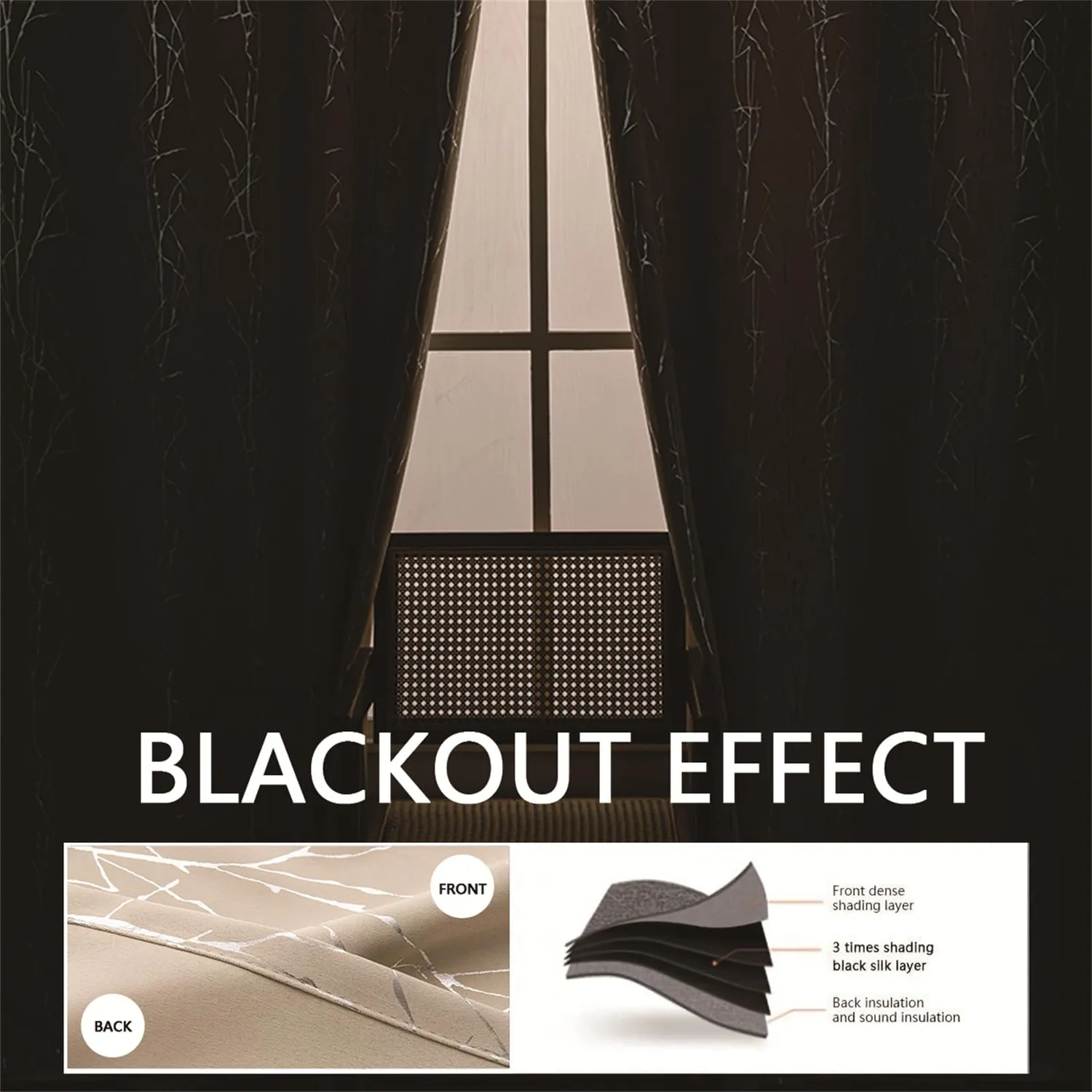 HonunGron Blackout Vorhang 274x132 Schwarz Zweige 2er-Set