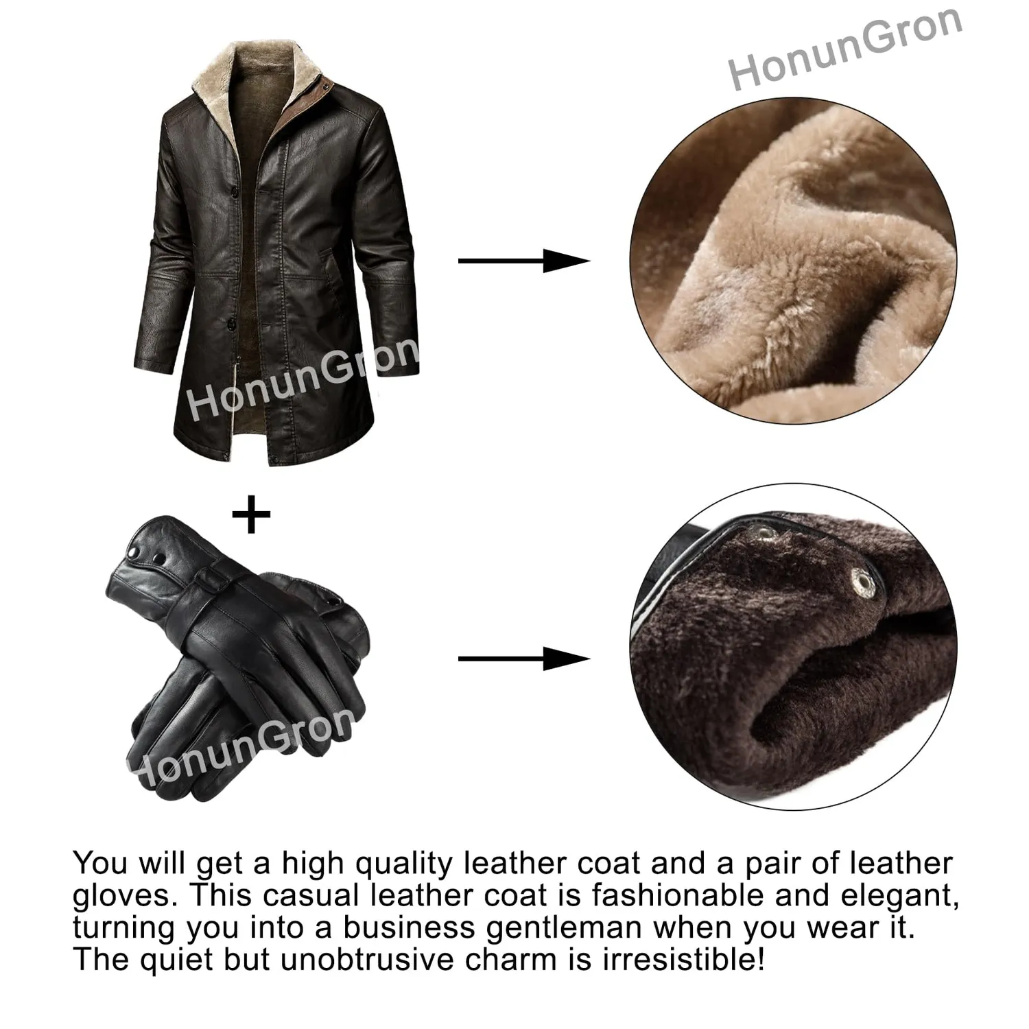 HonunGron Herren Ledermantel PU Braun XL