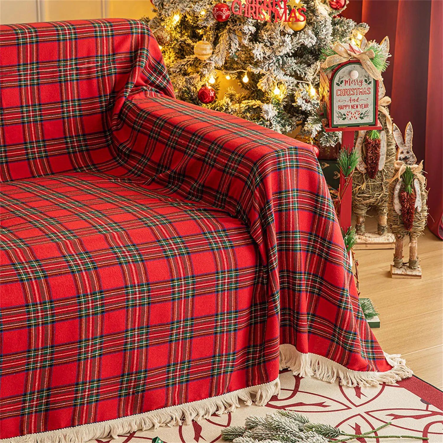 HonunGron Sofaüberwurf 180x300cm Rot Karo Baumwolle