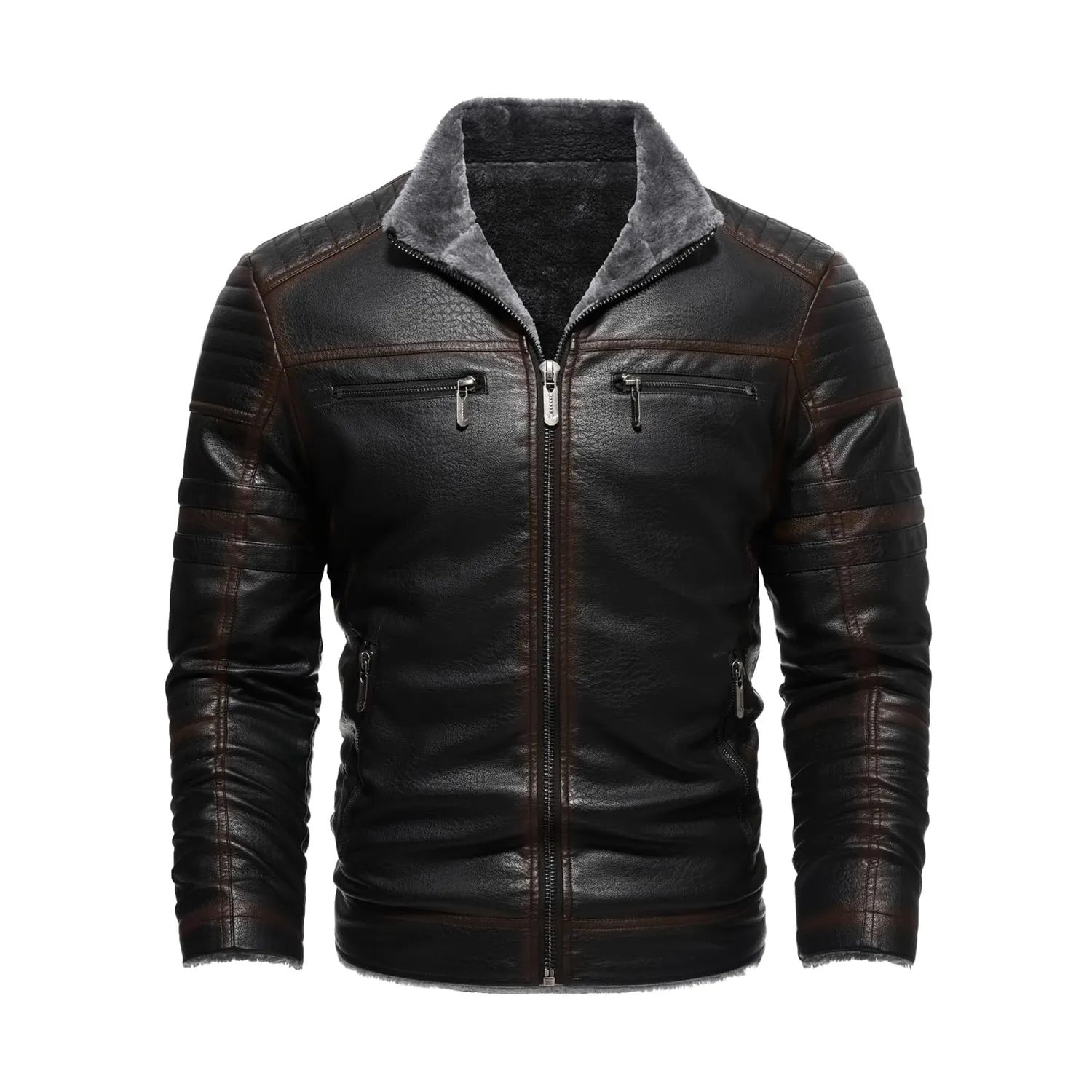 HonunGron Biker Kunstlederjacke Herren Schwarz mit Fellkragen