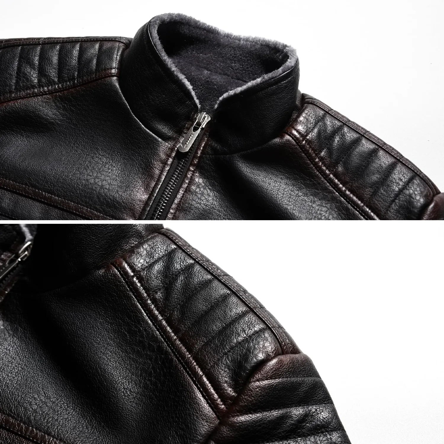 HonunGron Biker Kunstlederjacke Herren Schwarz mit Fellkragen