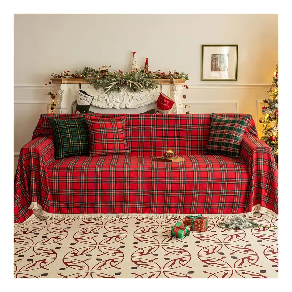 HonunGron Sofaüberwurf 180x300cm Rot Karo Baumwolle