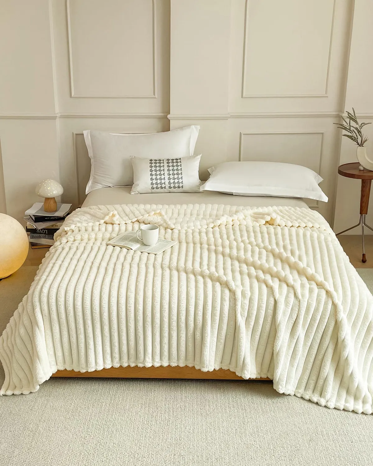 HonunGron Kunstfell Kuscheldecke Beige 70x100cm gerippt
