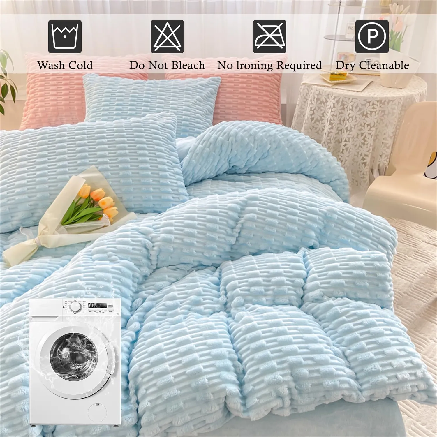 HonunGron Kunstfell Bettwäsche Set Blau Super King 4tlg