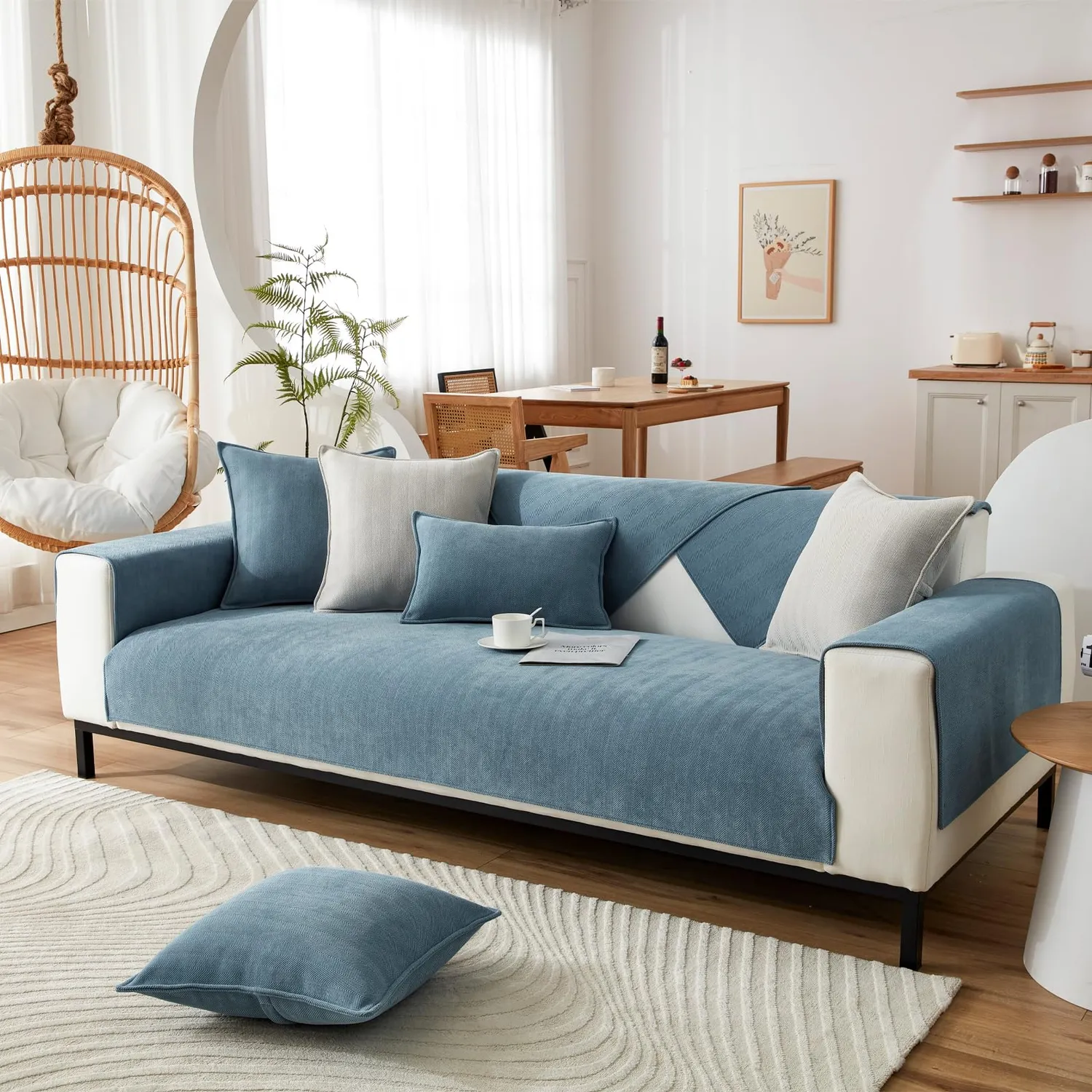 HonunGron Sofabezug Chenille Blau 90x90 cm rutschfest