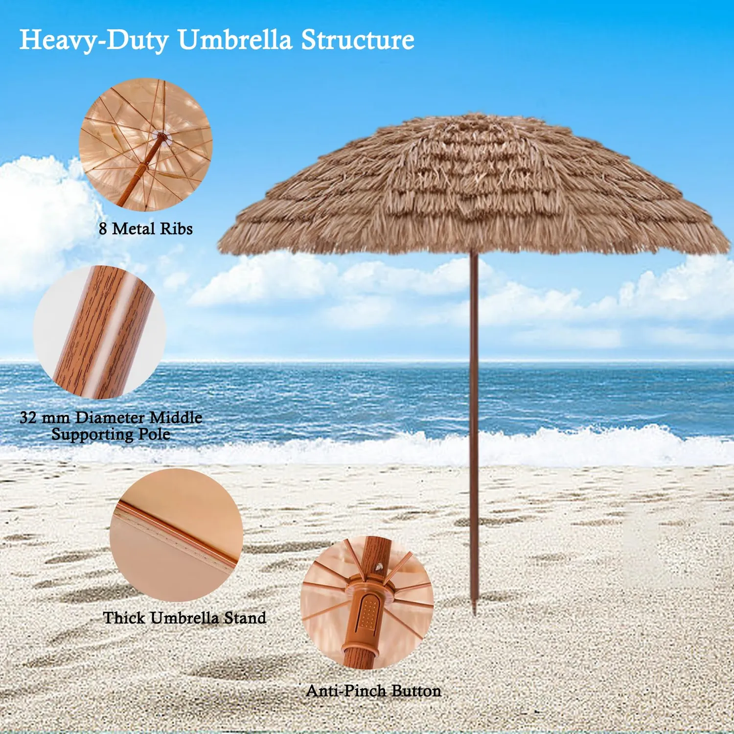 HonunGron Sonnenschirm Hawaii 2,4m Stroh-Optik neigbar