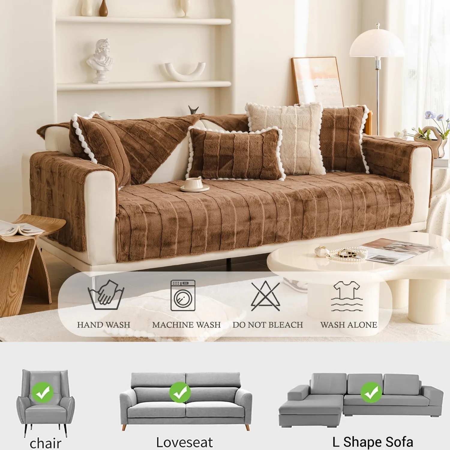 HonunGron Kaninchenplüsch Sofaüberwurf rutschfest Kaffee 90x210 cm