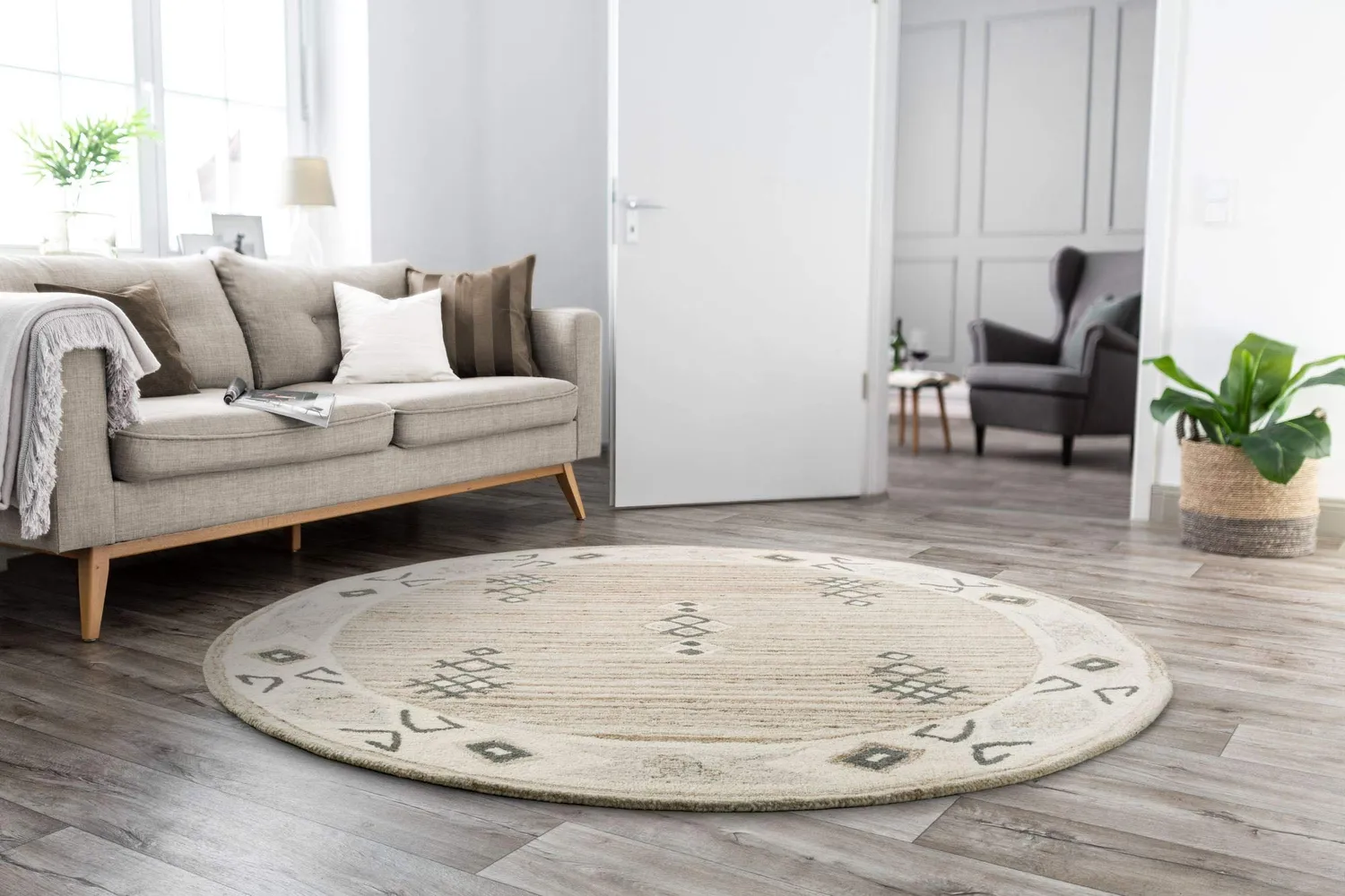 THEKO Royal Berber Teppich 150cm rund Melange Schurwolle