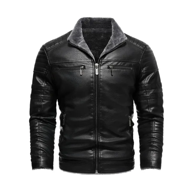 HonunGron Biker Kunstlederjacke Herren Schwarz mit Fellkragen