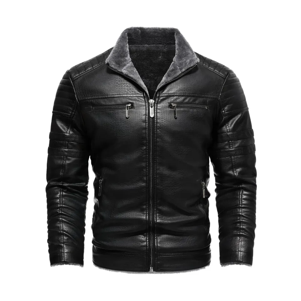 HonunGron Biker Kunstlederjacke Herren Schwarz mit Fellkragen
