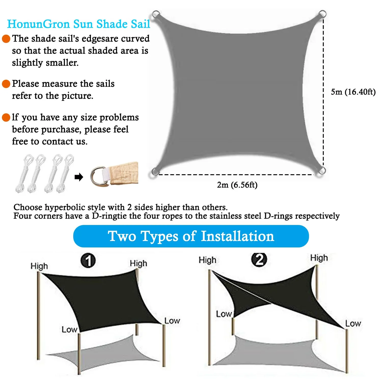 HonunGron Sonnensegel 2x5 m Orange Wasserdicht