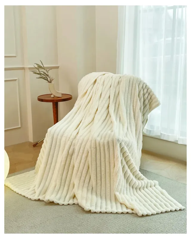 HonunGron Kunstfell Kuscheldecke Beige 70x100cm gerippt