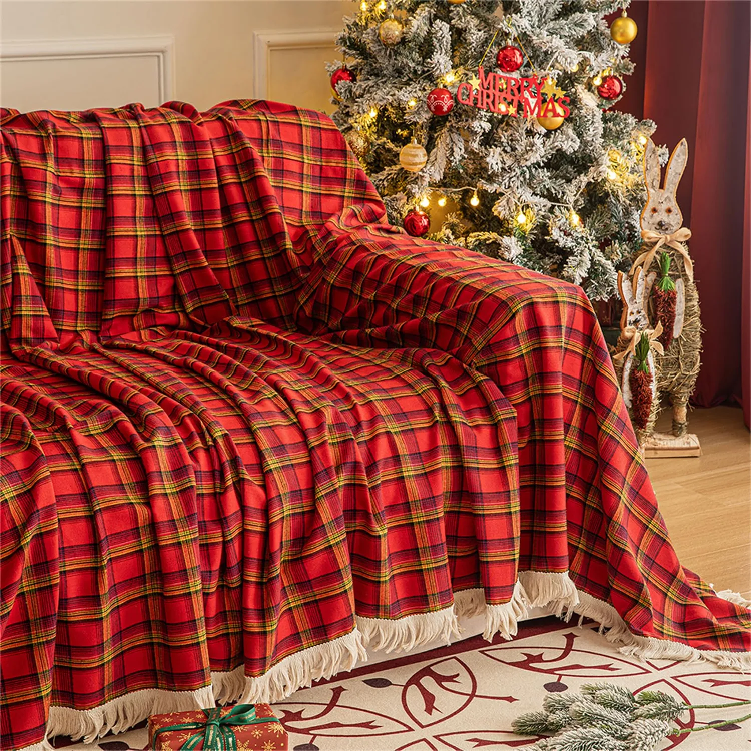HonunGron Sofaüberwurf 180x300cm Rot Karo Baumwolle
