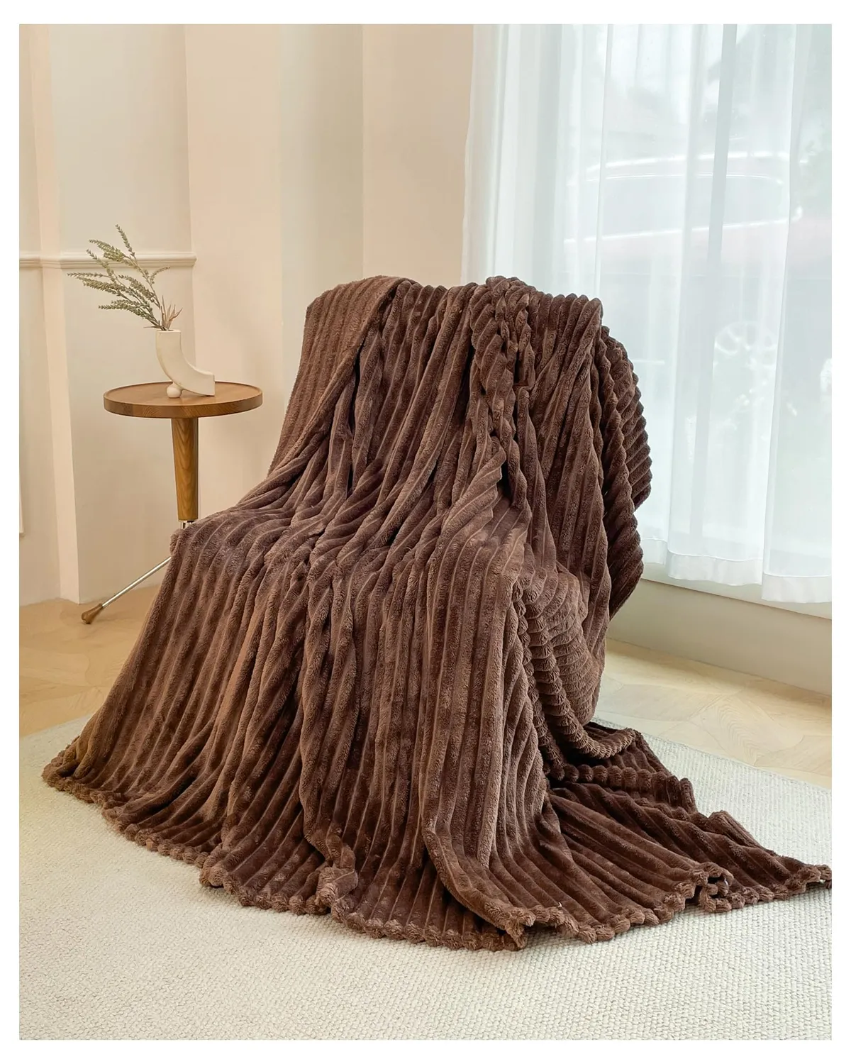 HonunGron Kunstfell Kuscheldecke Beige 70x100cm gerippt