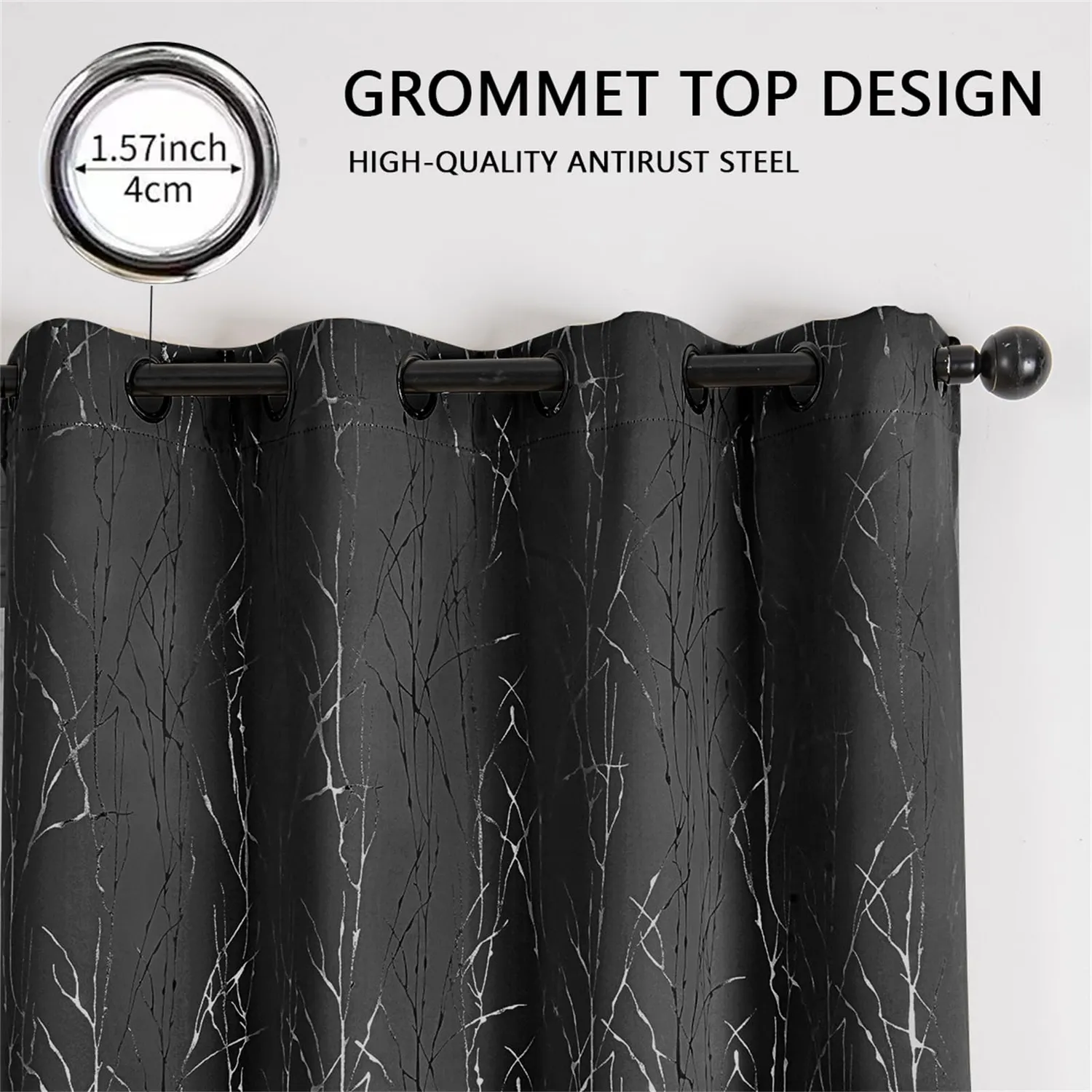 HonunGron Blackout Vorhang 274x132 Schwarz Zweige 2er-Set