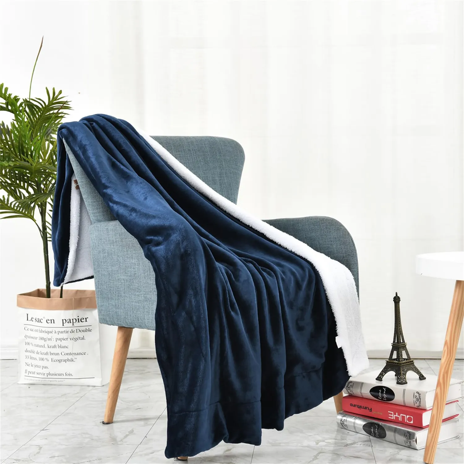 HonunGron Sherpa Fleecedecke 150x200 Marineblau