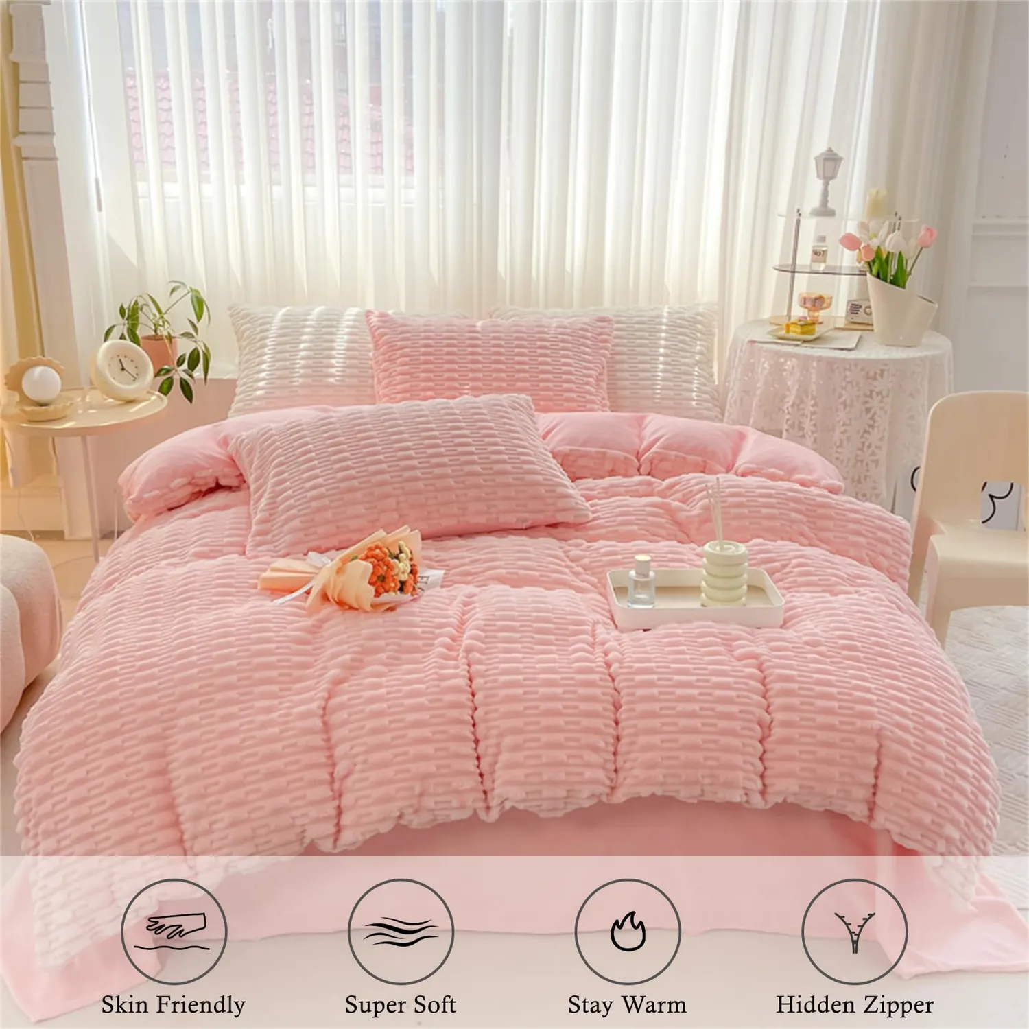 HonunGron Flanell Bettwsche Set 4tlg Rosa-2 Super King warm
