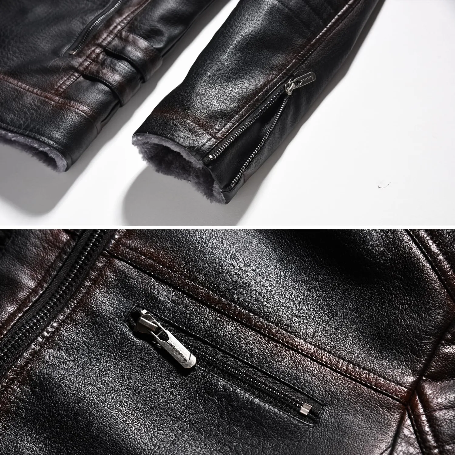 HonunGron Biker Kunstlederjacke Herren Schwarz mit Fellkragen