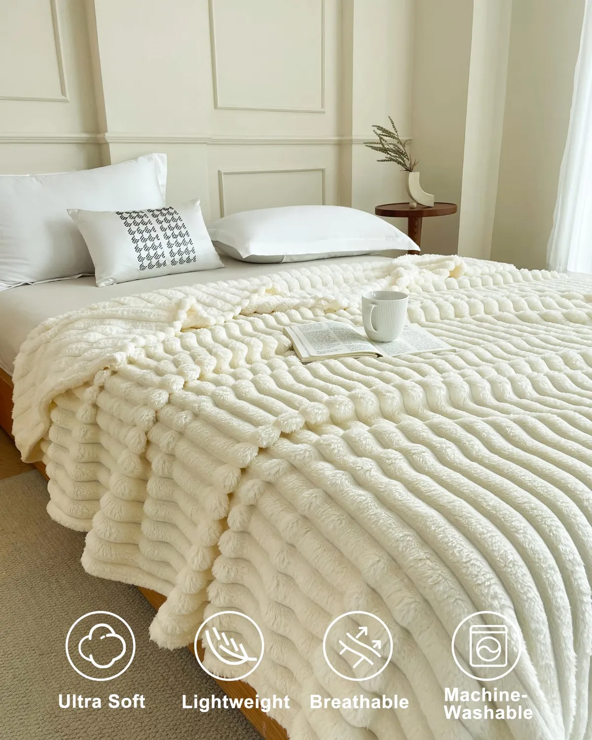 HonunGron Kunstfell Kuscheldecke Beige 70x100cm gerippt