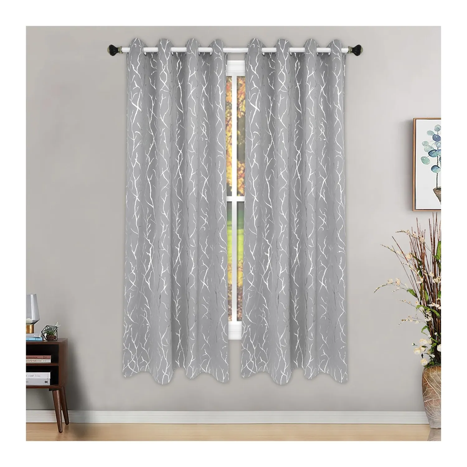 HonunGron Blackout Vorhang 274x132 Schwarz Zweige 2er-Set