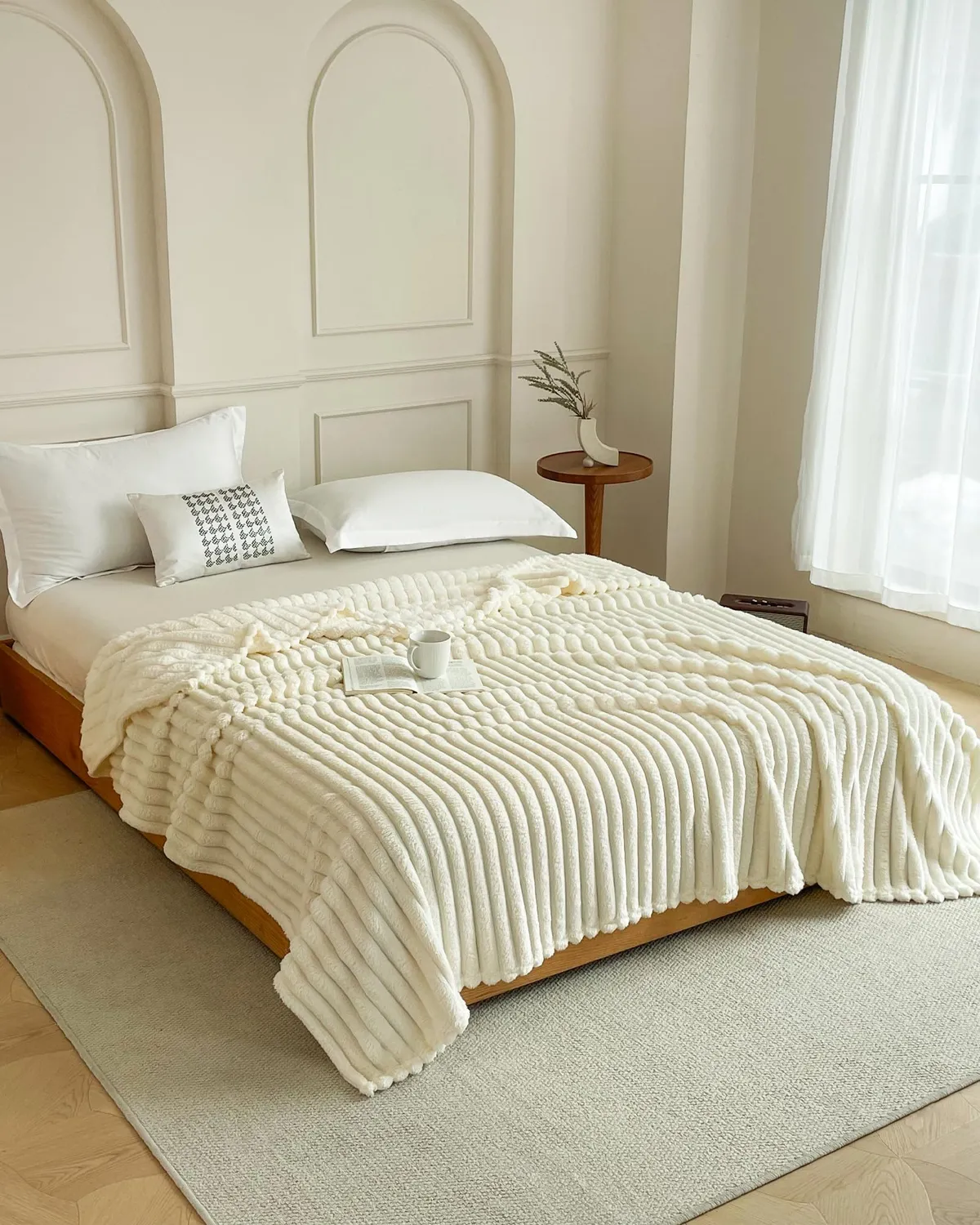 HonunGron Kunstfell Kuscheldecke Beige 70x100cm gerippt