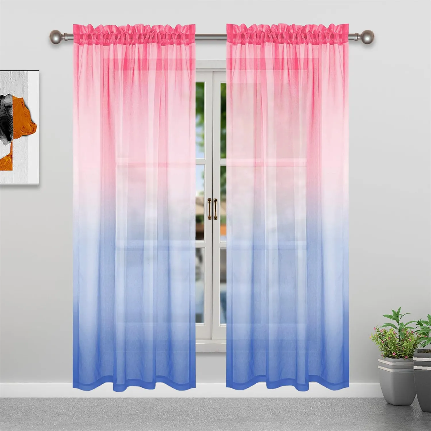 HonunGron Farbverlauf Voile-Vorhang transparent Rosa-Blau 244x132 2er-Pack